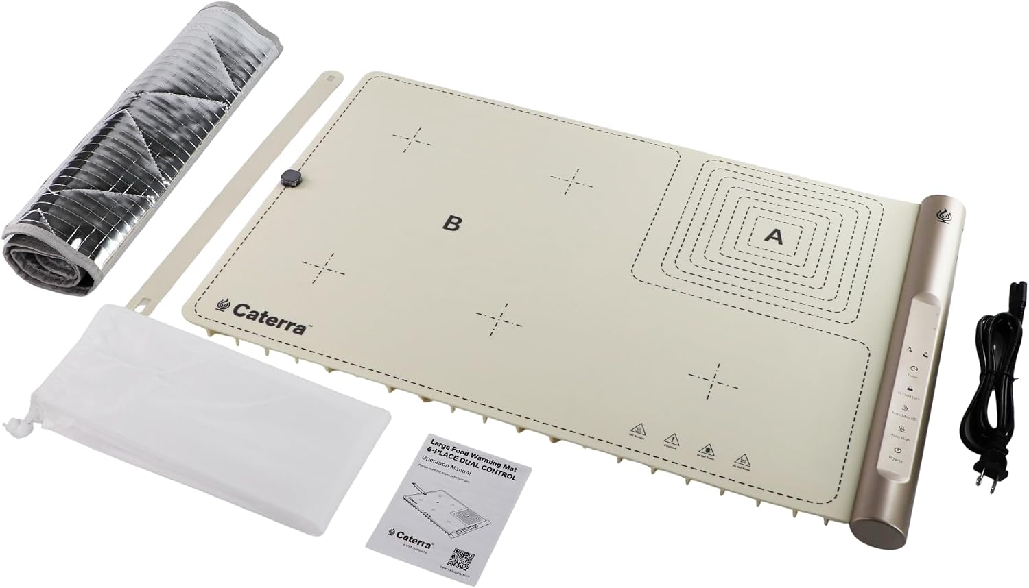 Caterra large food warming mat in cream, shown with insulated storage bag, securing strap, power cord and instruction manual