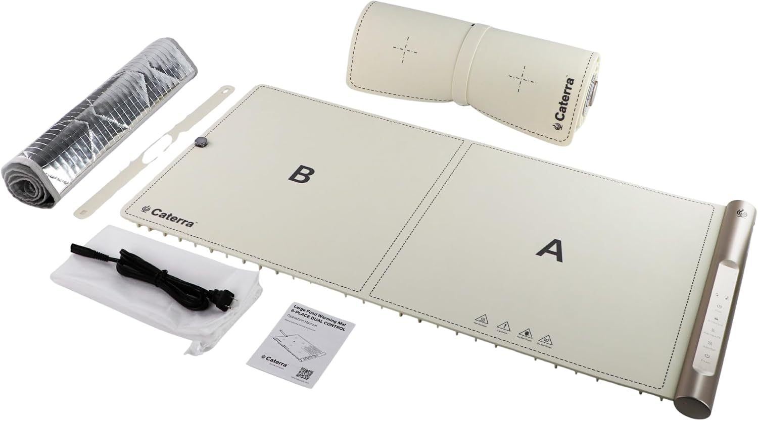 Caterra extra large food warming mat in cream, shown with insulated storage bag, silicone securing strap, power cord and instruction manual