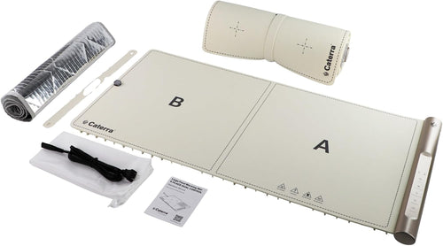 Caterra extra large food warming mat in cream, shown with insulated storage bag, silicone securing strap, power cord and instruction manual