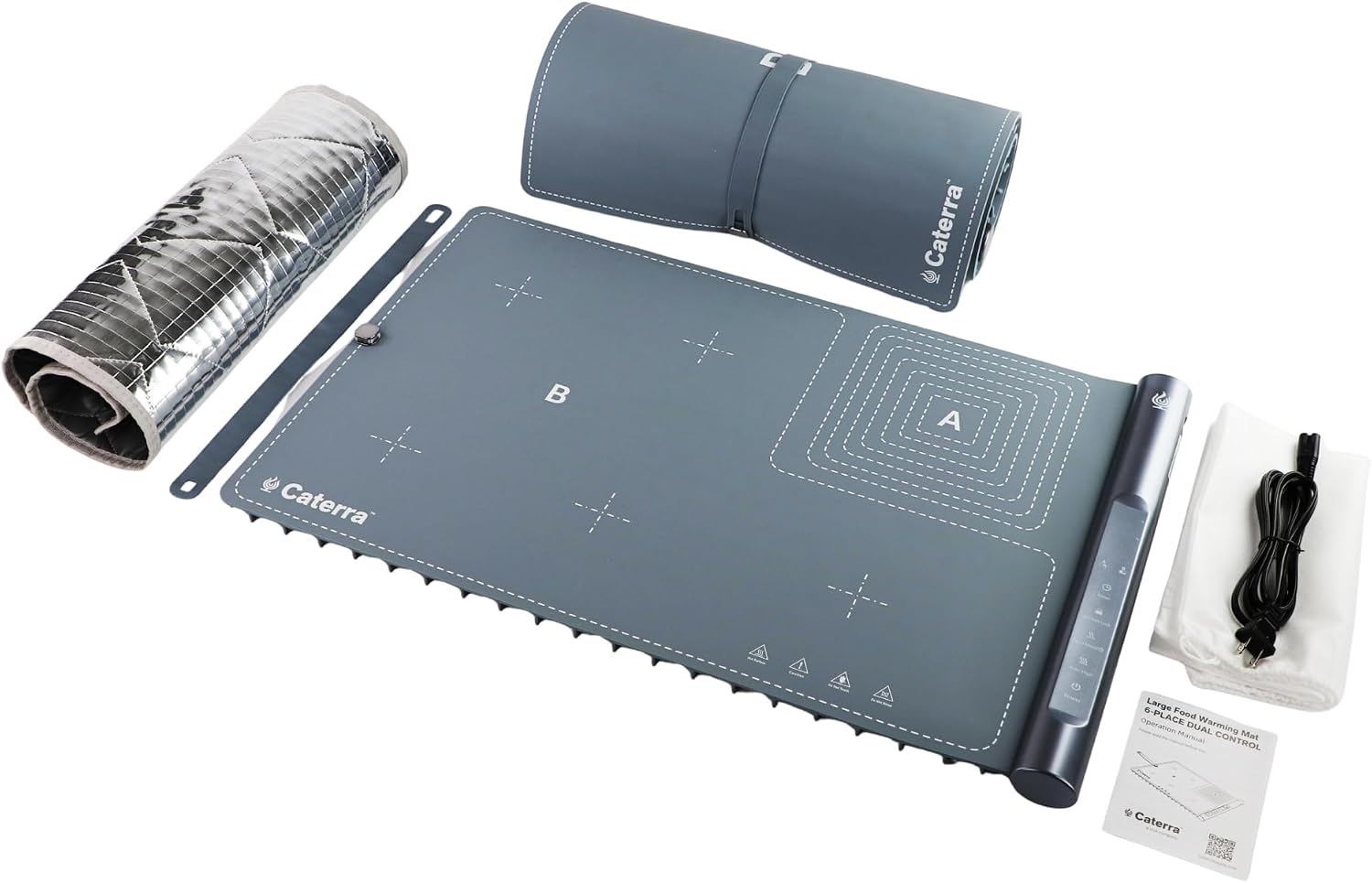Caterra large food warming mat in slate blue, shown with insulated storage bag, securing strap, power cord and instruction manual