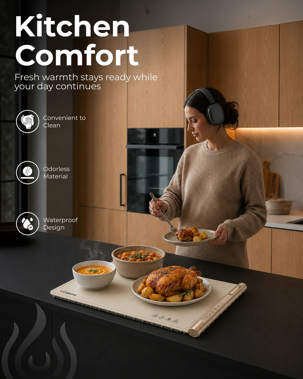 Warming mat keeping soup, stew and a roast chicken hot on a kitchen island while a woman serves a plate