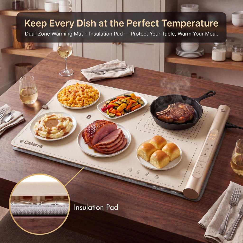 Mac and cheese, glazed ham, mashed potatoes, vegetables and rolls staying warm on the Large mat over its insulation pad