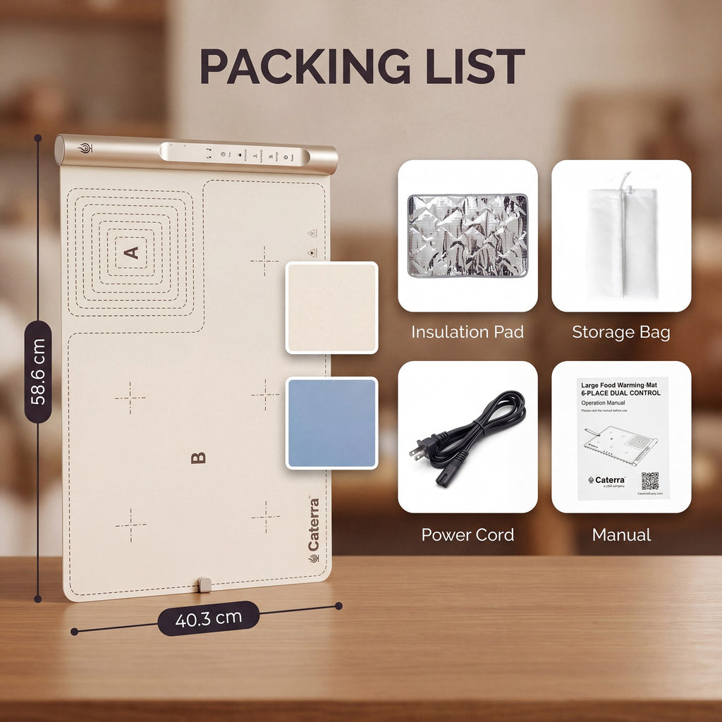 Packing list: Large 6-place warming mat measuring 40.3 by 58.6 cm, with insulation pad, storage bag, power cord and manual
