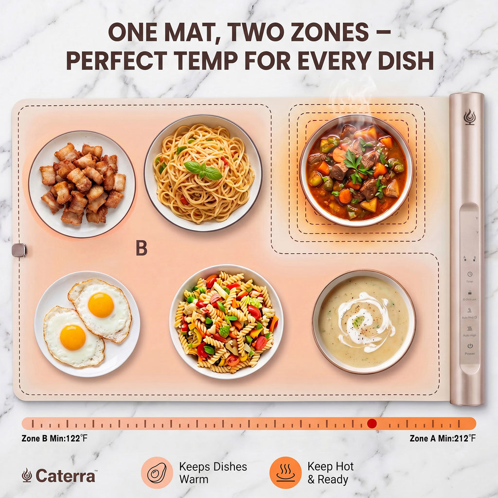 One mat, two zones: Zone B holding sides gently warm while Zone A holds soup and stew hot