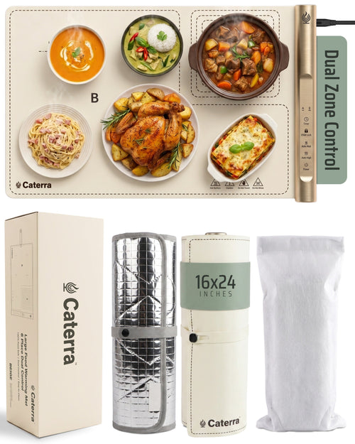 Caterra Large warming mat holding six dishes across both zones, with its retail box, insulation pad, rolled mat and storage bag