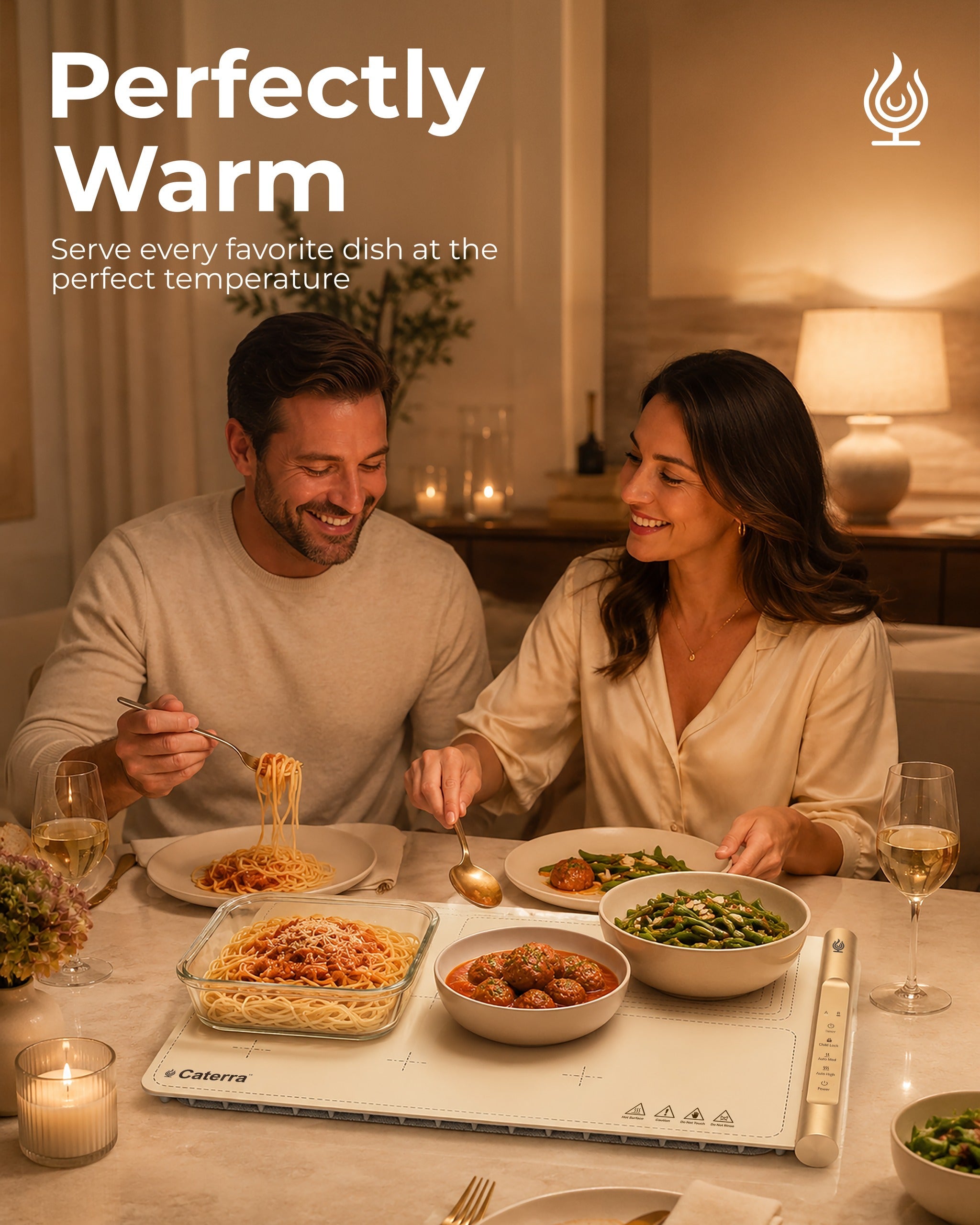 Couple sharing dinner with pasta, meatballs and green beans held at temperature on the mat