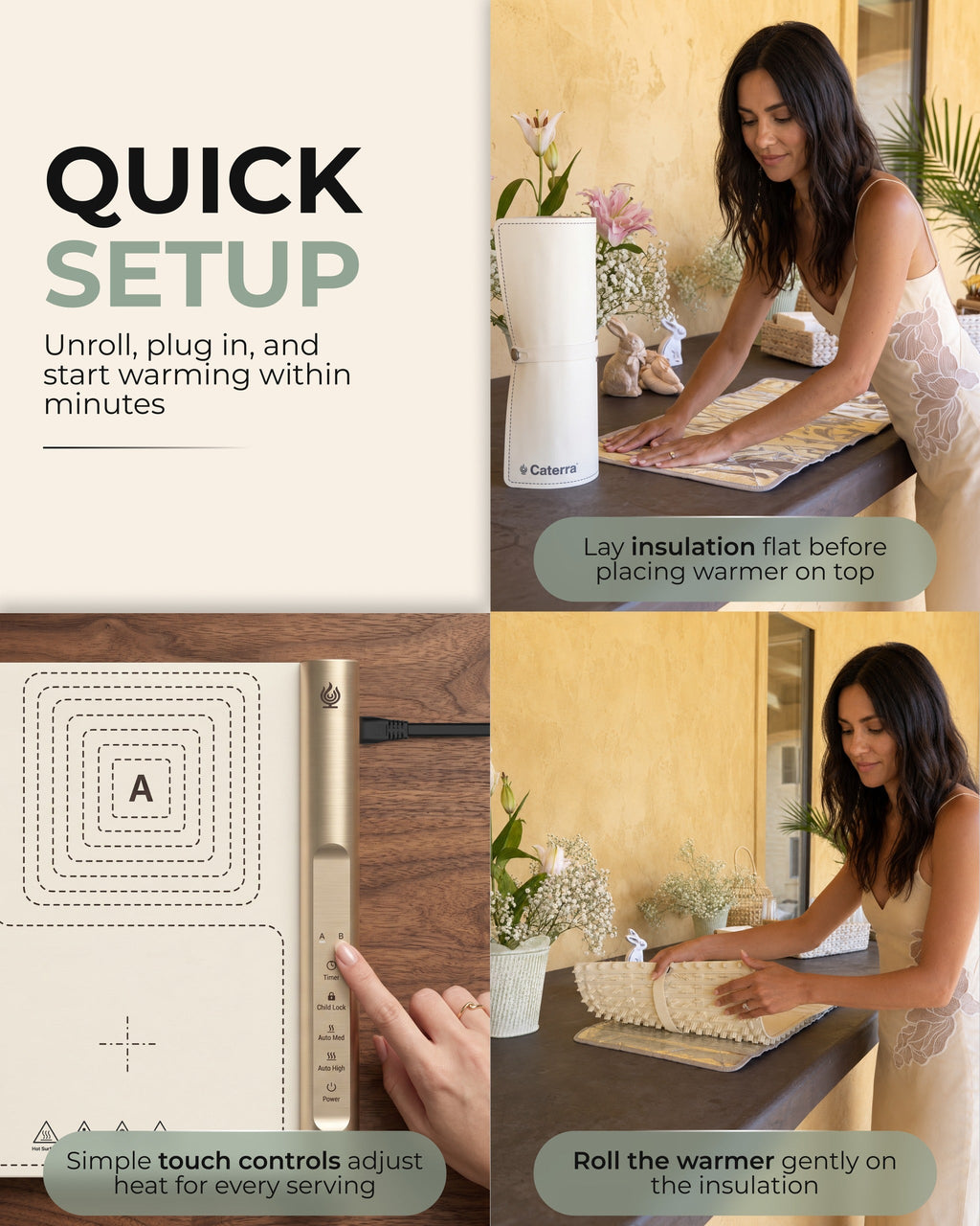 Setup steps: lay the insulation pad flat, roll the warming mat onto it, then adjust heat with the touch controls