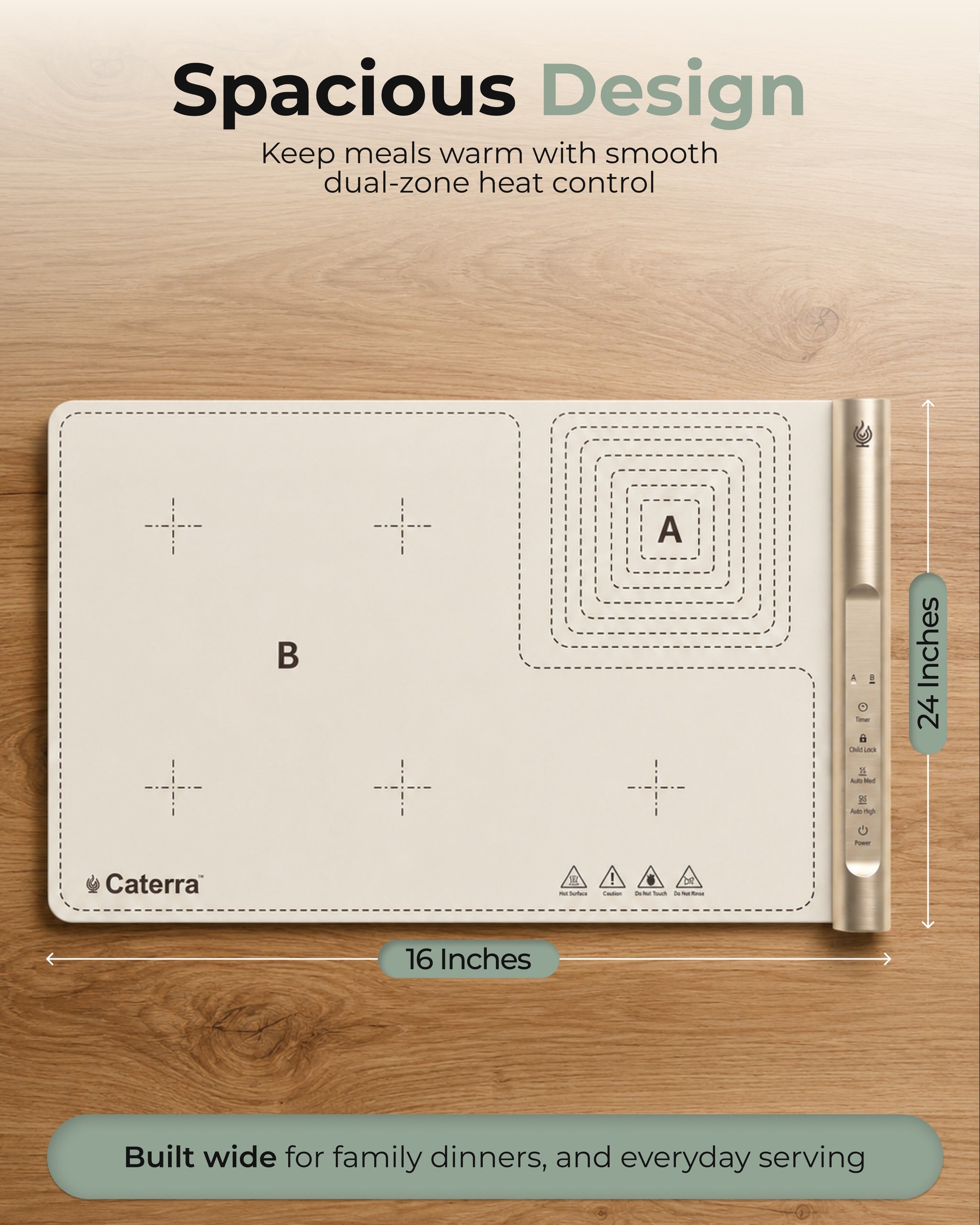 Top-down view of the Large mat showing heating zones A and B and its 16 by 24 inch footprint