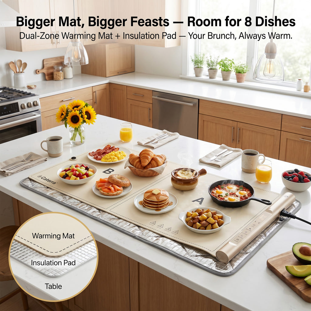 Bigger mat, bigger feasts: eight brunch dishes warming on the Extra Large mat with its insulation pad underneath