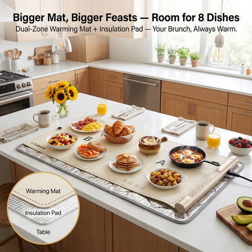 Bigger mat, bigger feasts: eight brunch dishes warming on the Extra Large mat with its insulation pad underneath