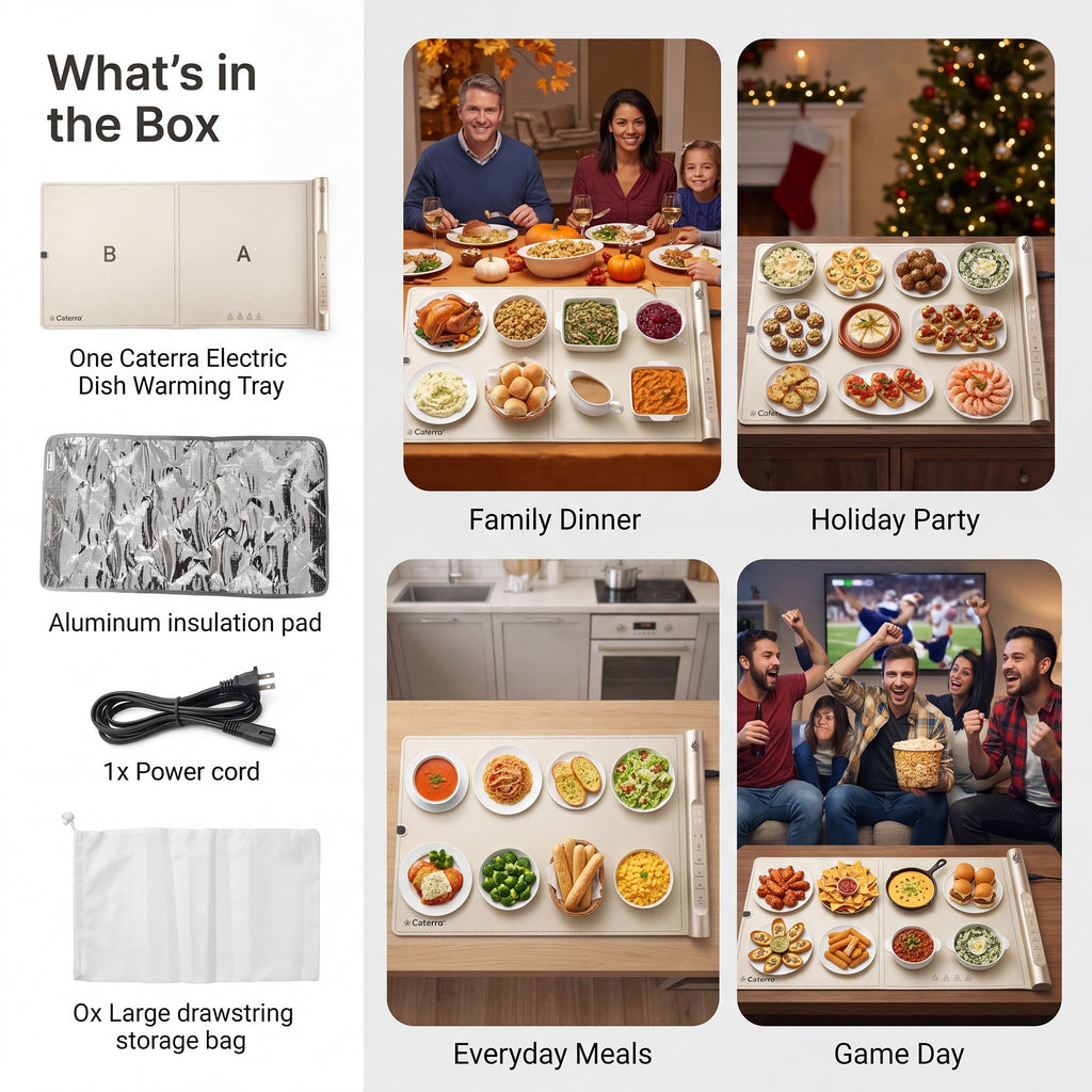 What is in the box, plus the Extra Large mat set for family dinner, a holiday party, everyday meals and game day