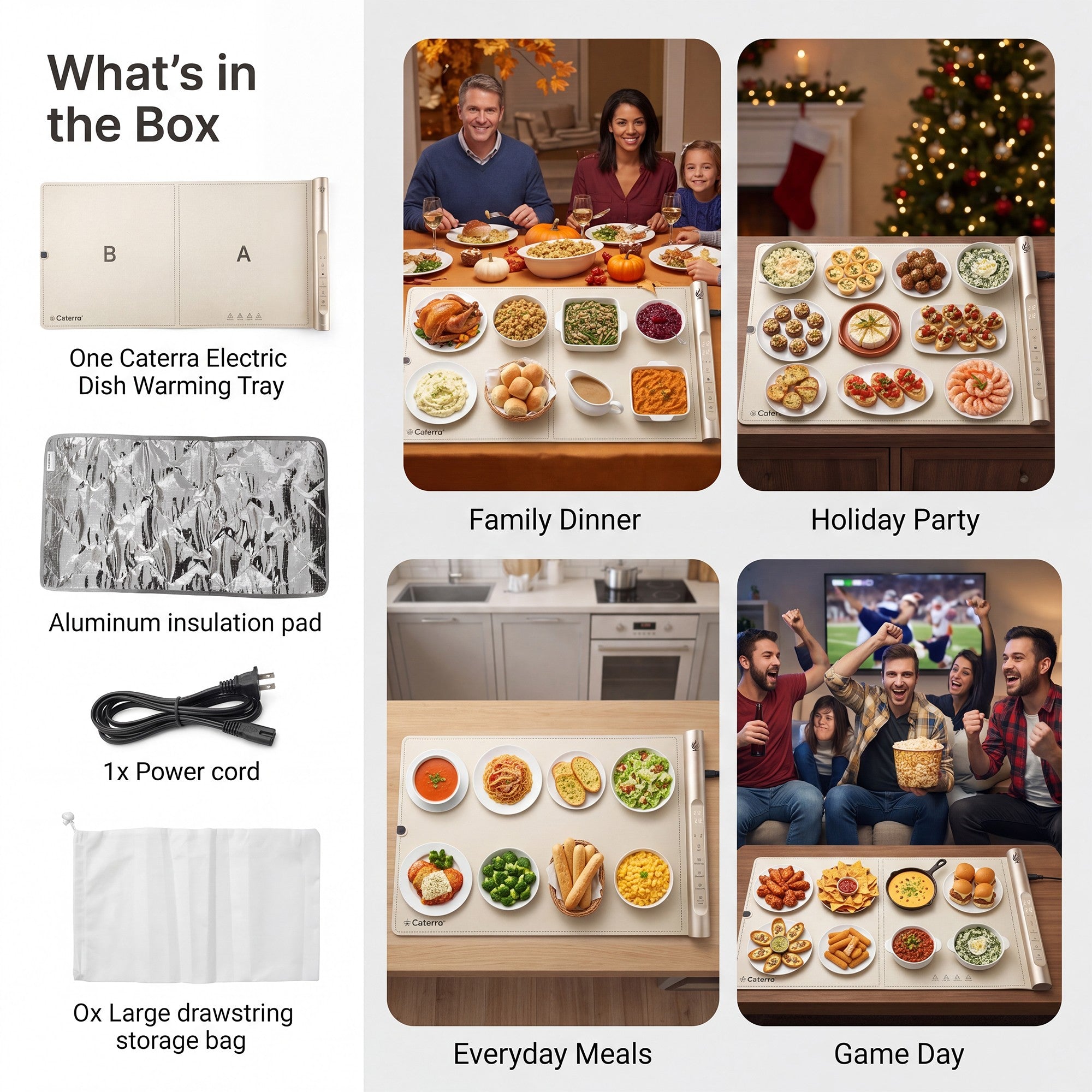 What is in the box, plus the Extra Large mat set for family dinner, a holiday party, everyday meals and game day