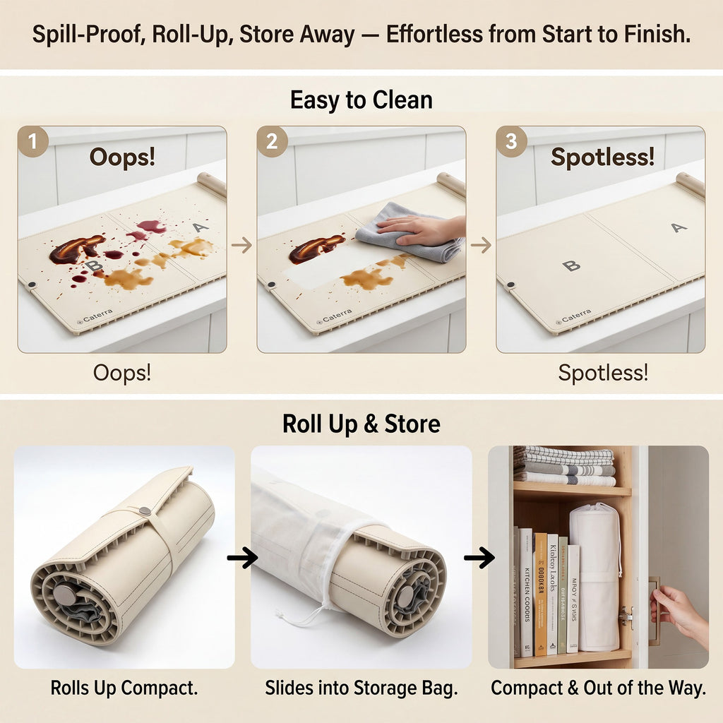 Spill-proof surface wiping clean, then the mat rolling up and sliding into its storage bag