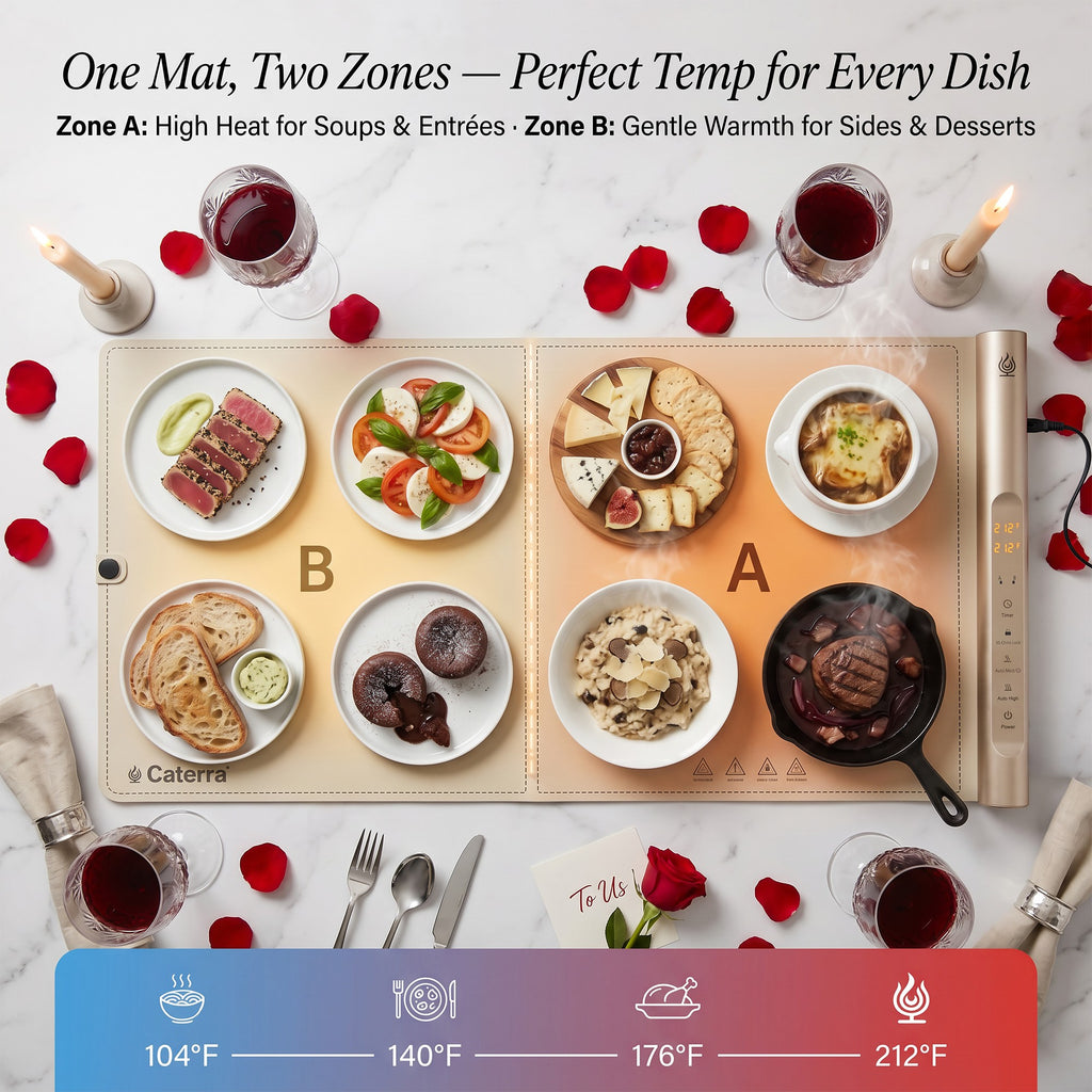 One mat, two zones: Zone A high heat for soups and entrees, Zone B gentle warmth for sides and desserts