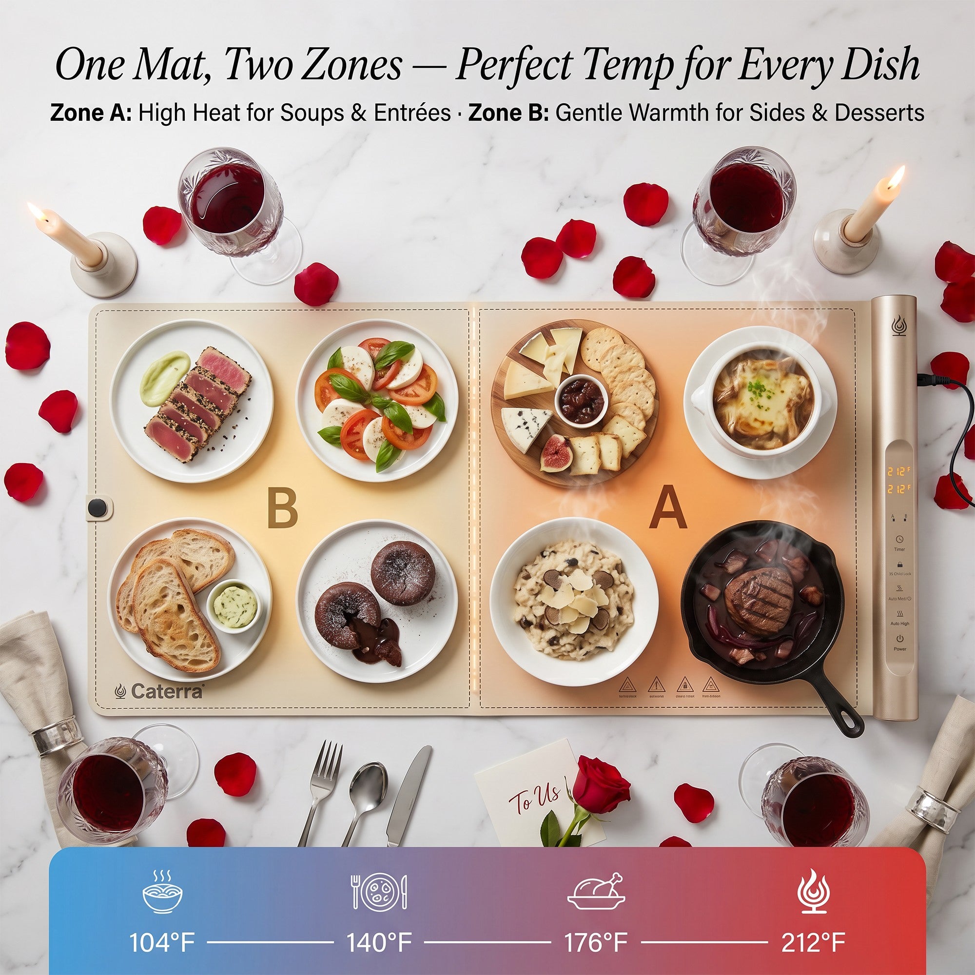 One mat, two zones: Zone A high heat for soups and entrees, Zone B gentle warmth for sides and desserts